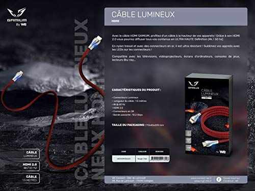 WE GAMIUM Câble HDMI 2.0 4K 1,5 m rouge lumineux tressé