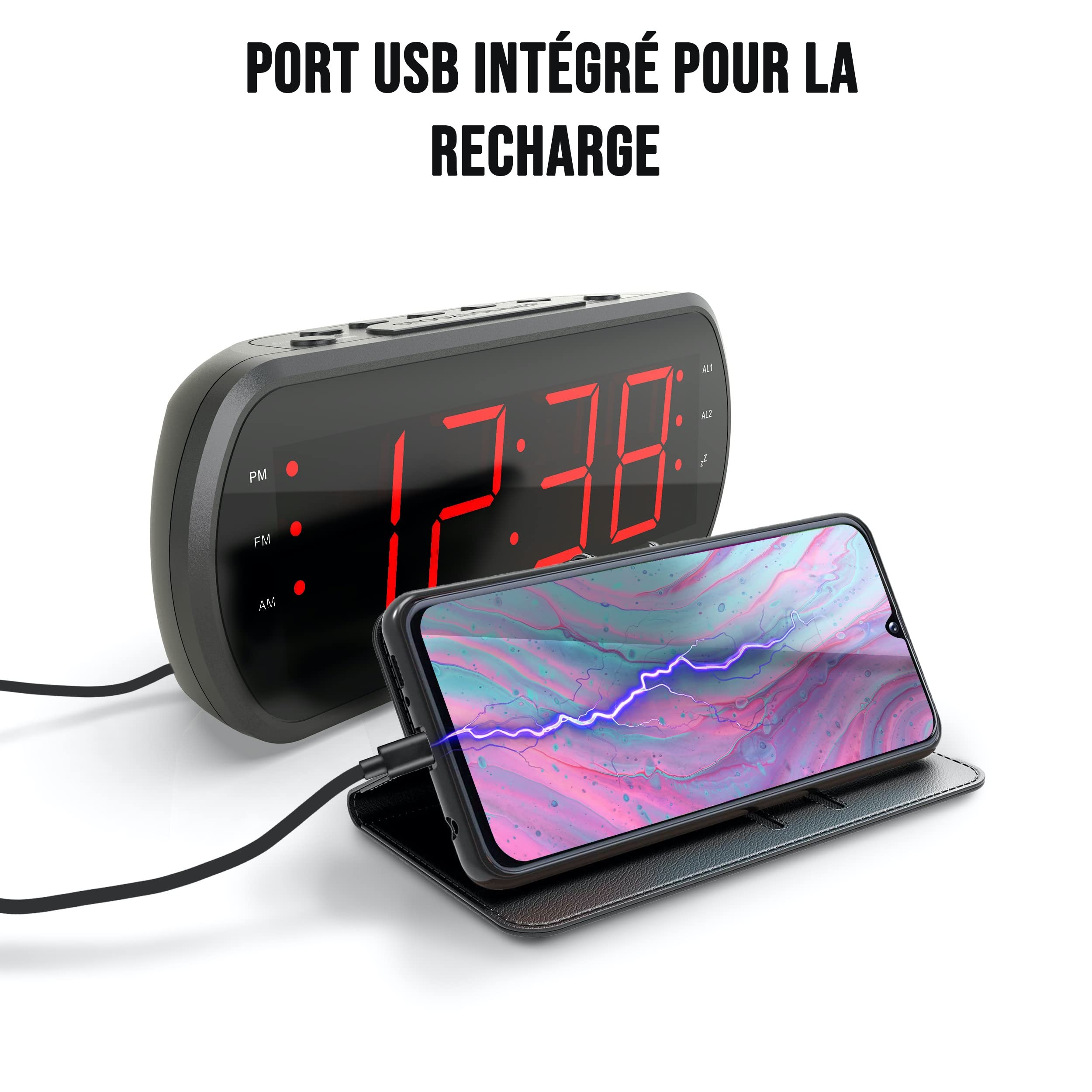 WE Audio radio-réveil FM double alarme LED rouge USB