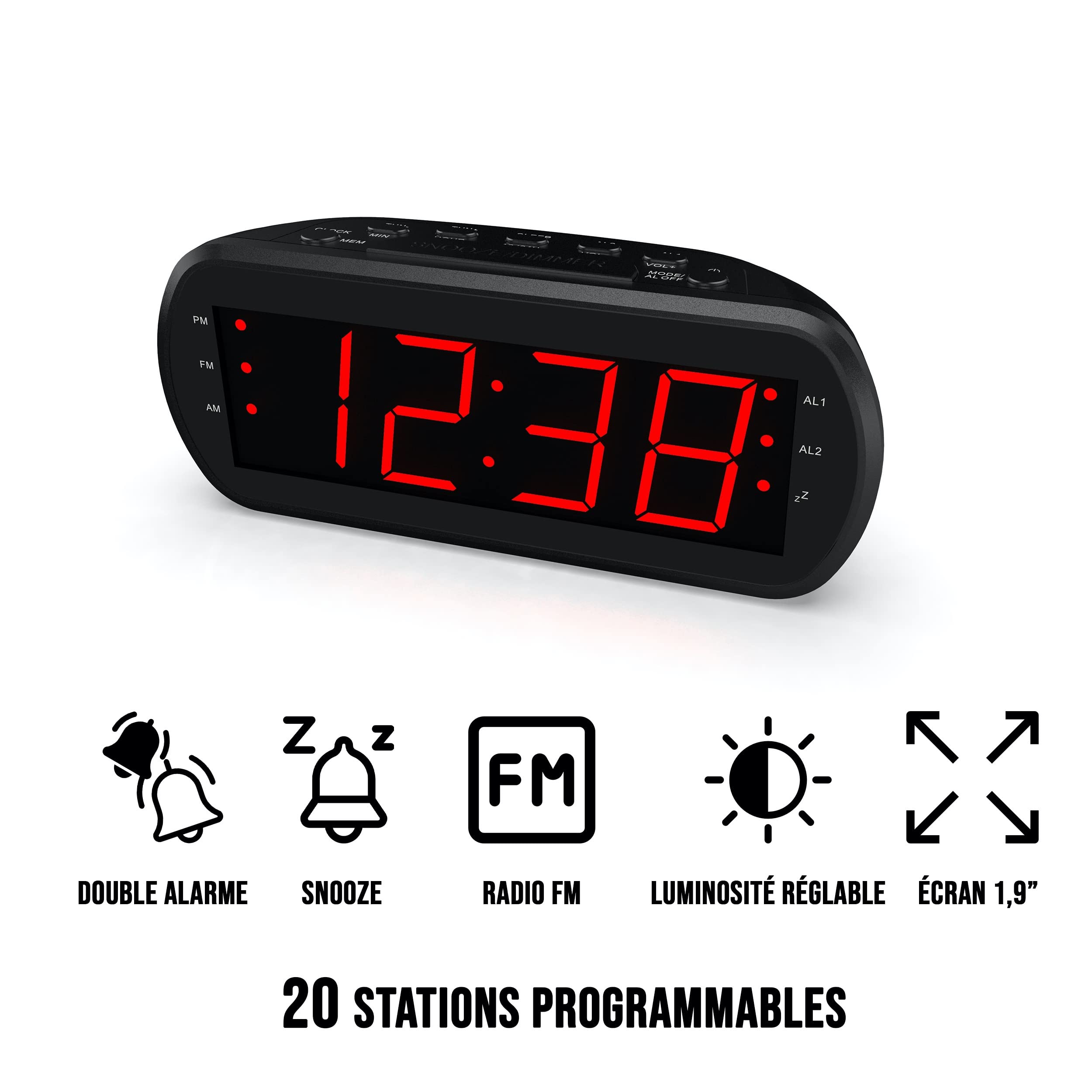 WE Audio radio-réveil FM double alarme LED rouge USB