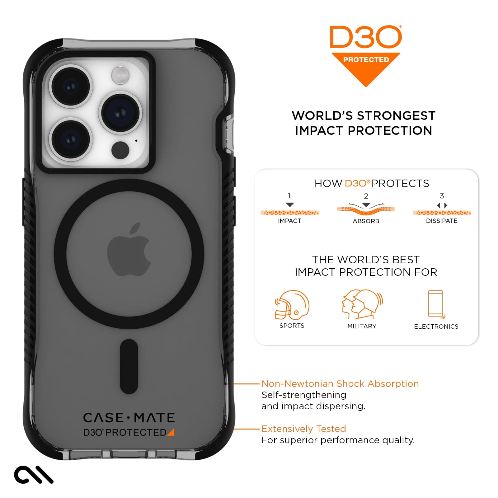 CASE-MATE Phone Cases Tough Grip D3O® Black MagSafe coque iPhone 15 Pro noire