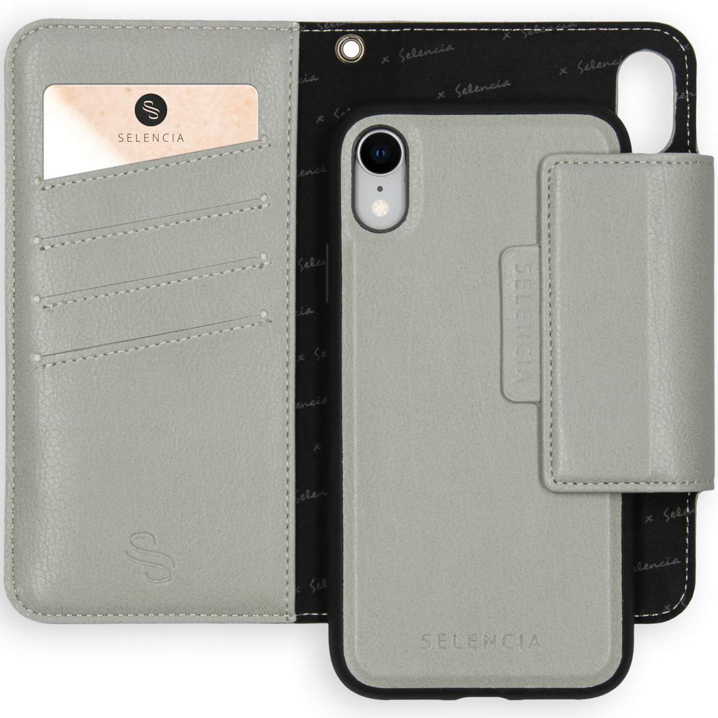 SELENCIA Étui à rabat Surya iPhone XR gris étui 2 en 1 4 cartes RFID