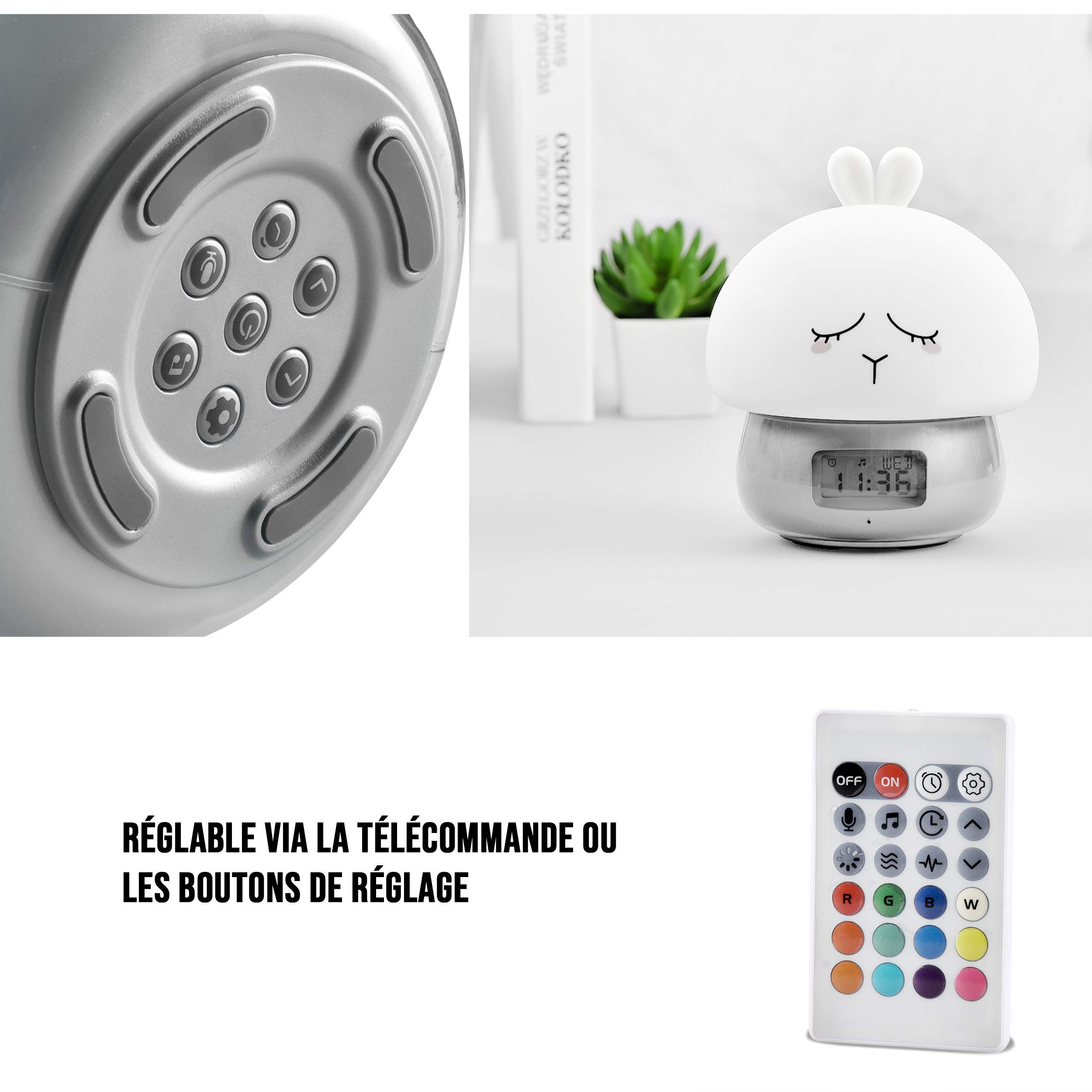 WE Audio Réveil lapin enfant rechargeable 1200 mAh à lumière réglable