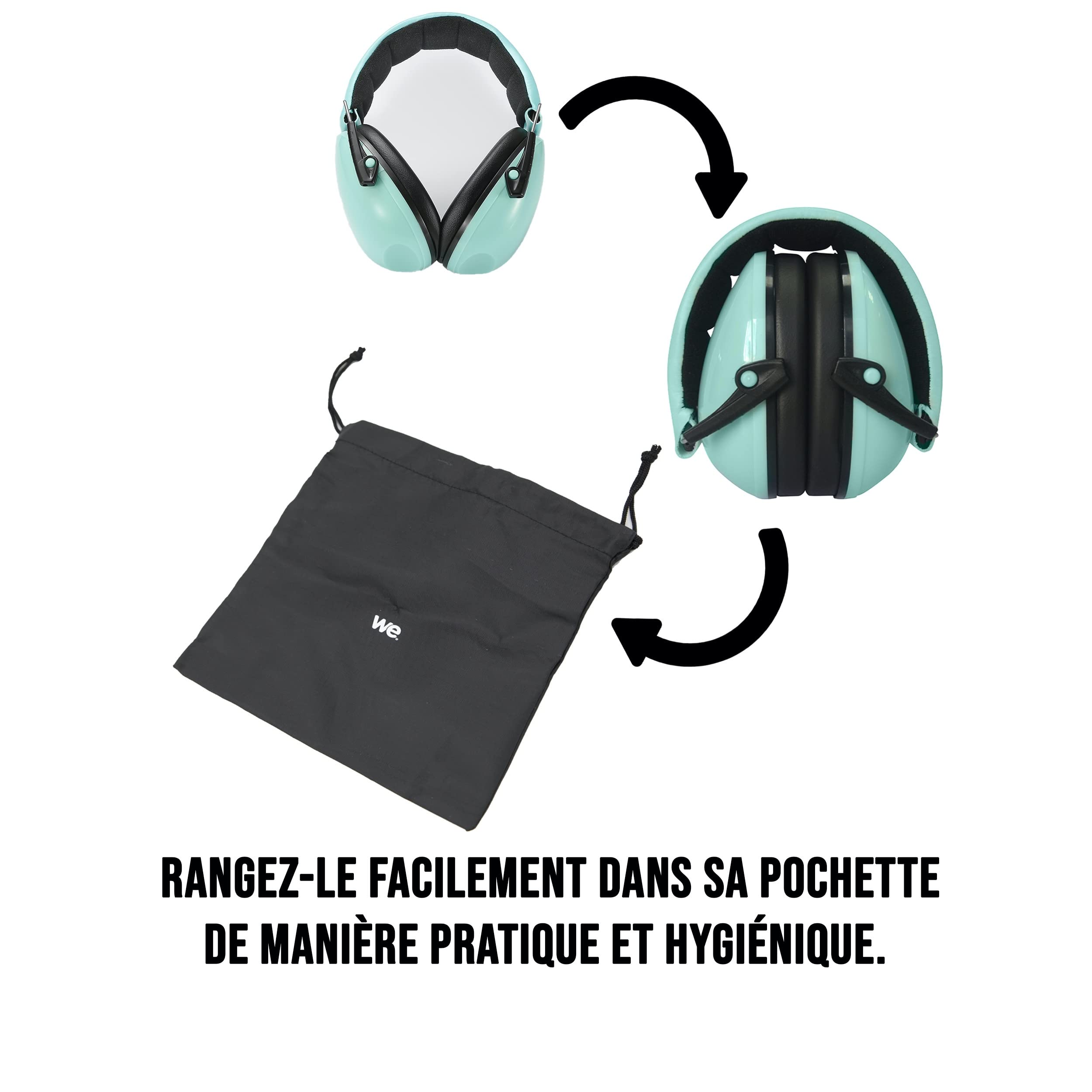 WE Audio casque anti-bruit enfant vert d’eau avec housse de transport