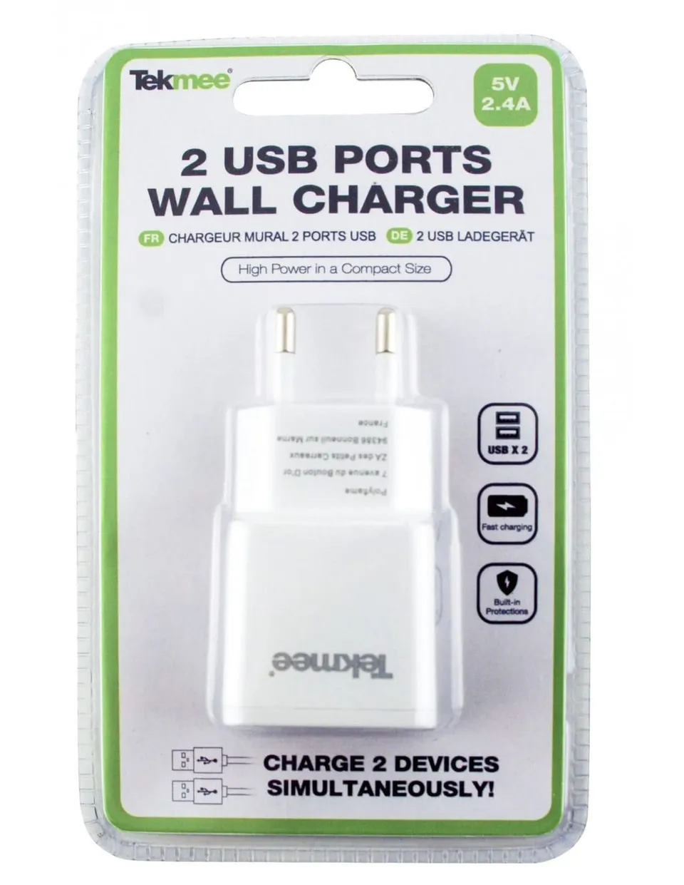 Tekmee Chargeurs muraux chargeur mural double USB 2,4 A 5 V