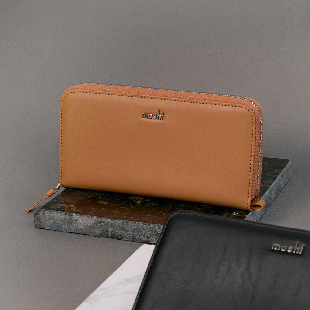 Moshi Wallets Folia Zip-Around Long Wallet portefeuille long zippé noir ardoise et caramel