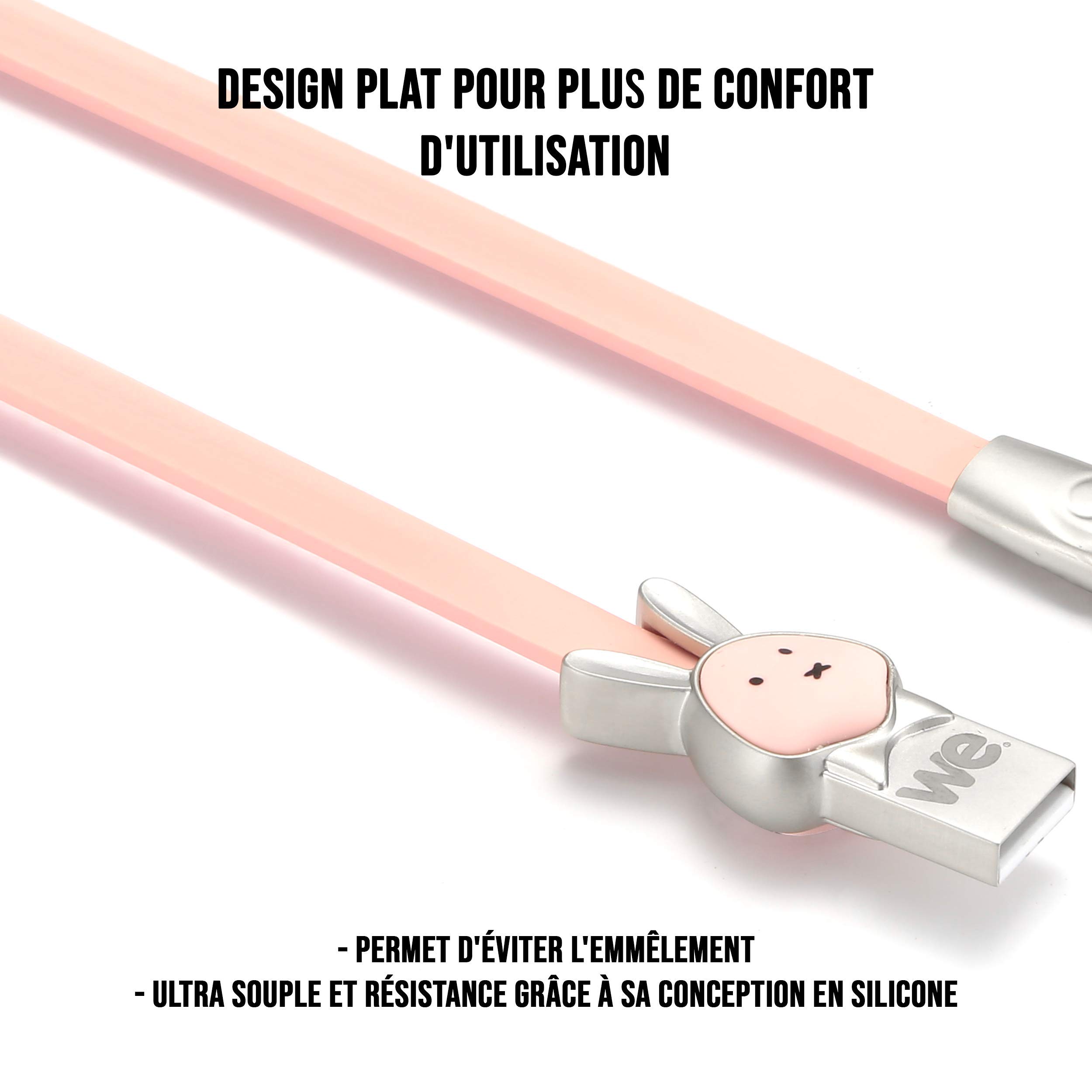 WE Cables Lapin câble micro USB plat 1 m rose