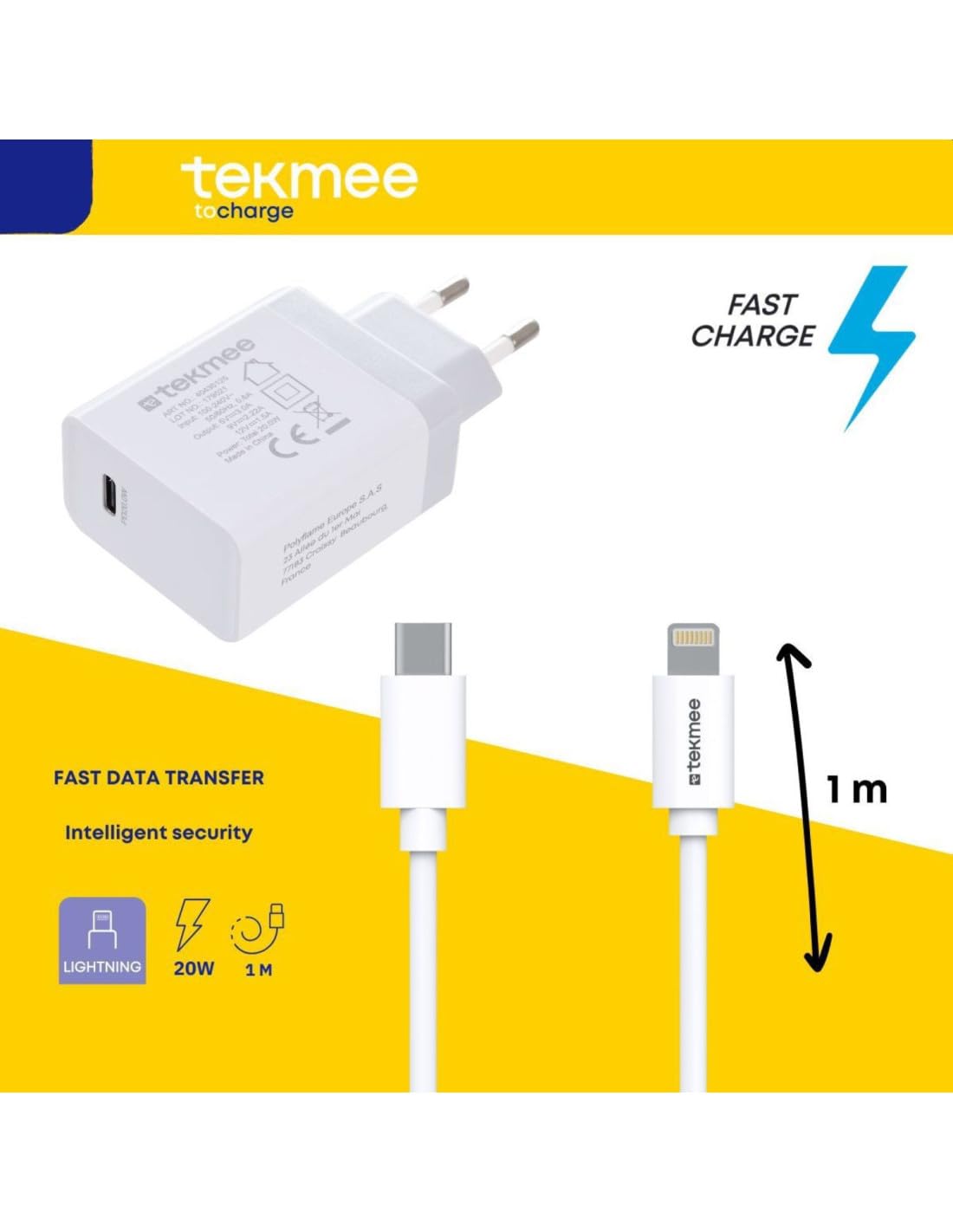 Tekmee Kits de charge rapide kit iPhone 20 W USB-C avec câble Lightning