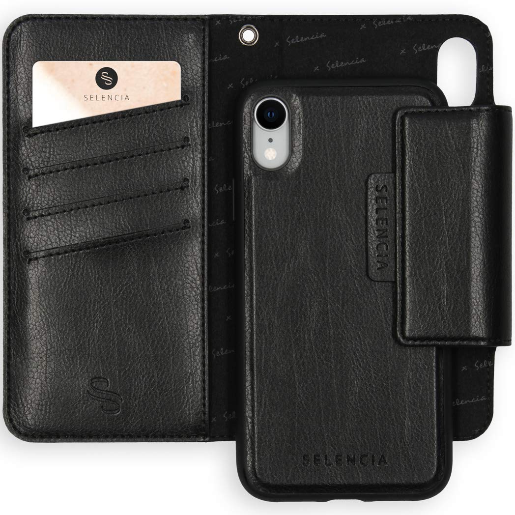 SELENCIA Étui à rabat Surya iPhone XR noir étui 2 en 1 4 cartes RFID