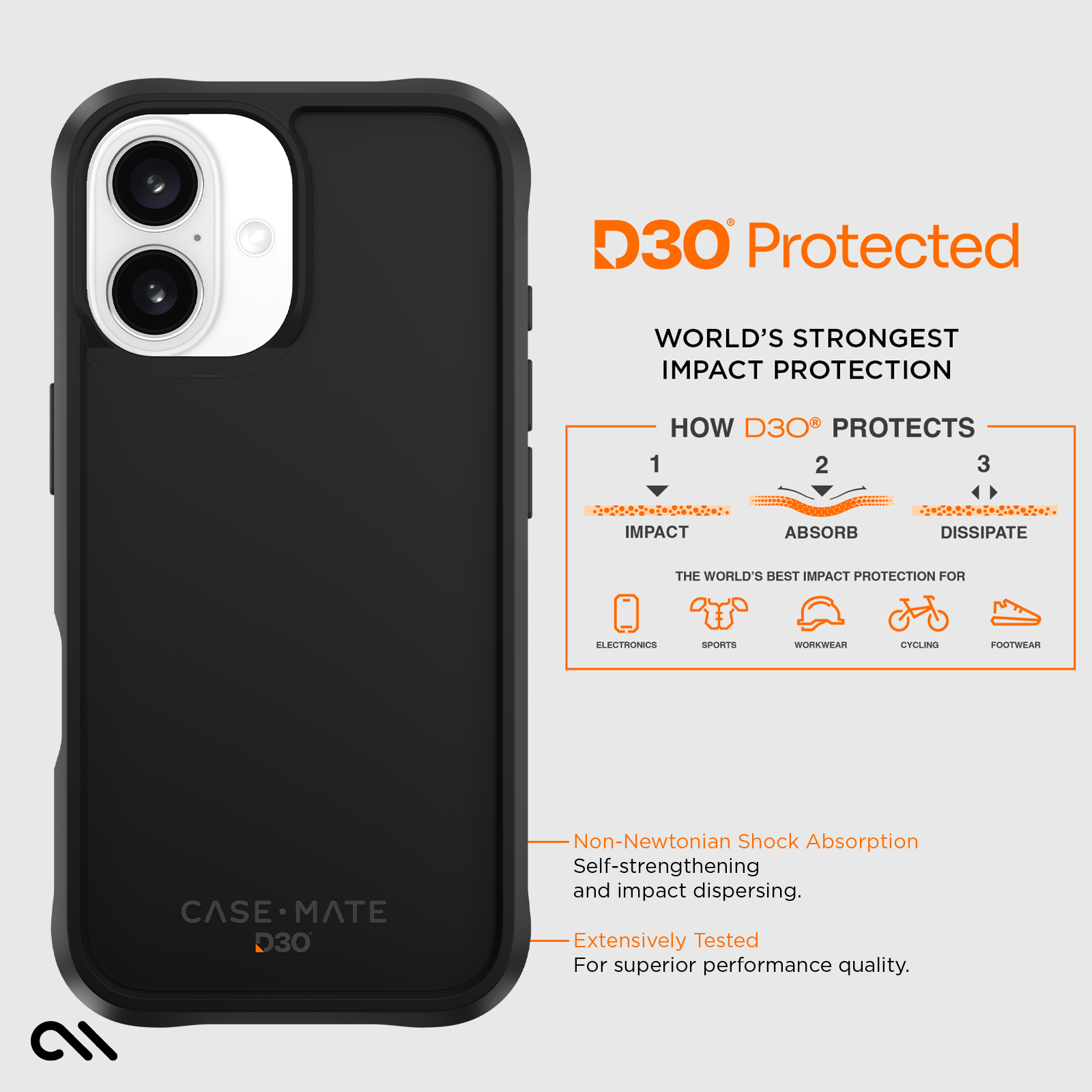 CASE-MATE Phone Cases Tough D3O® Black MagSafe coque iPhone 16 noire antichute 4,9 m