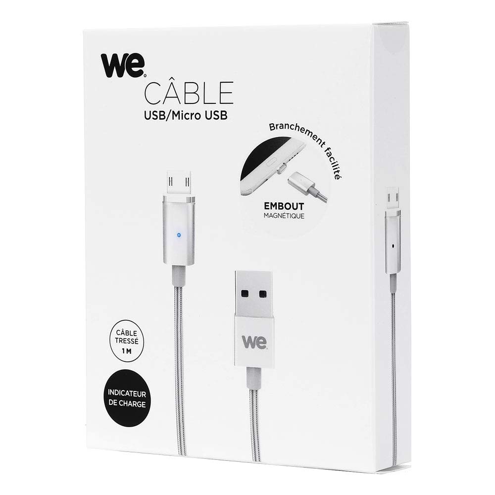 WE Cables Câble magnétique Micro USB 1 m argent nylon tressé