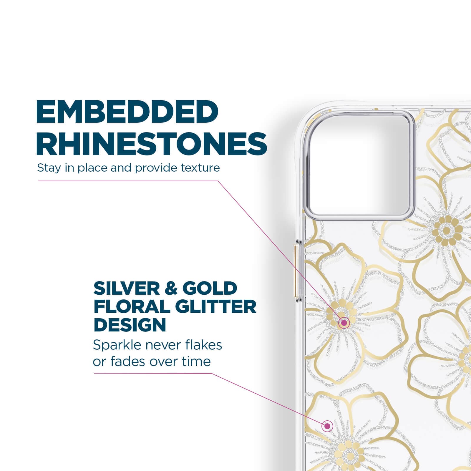 CASE-MATE Phone Cases Floral Gems coque iPhone 14 Plus dorée strass
