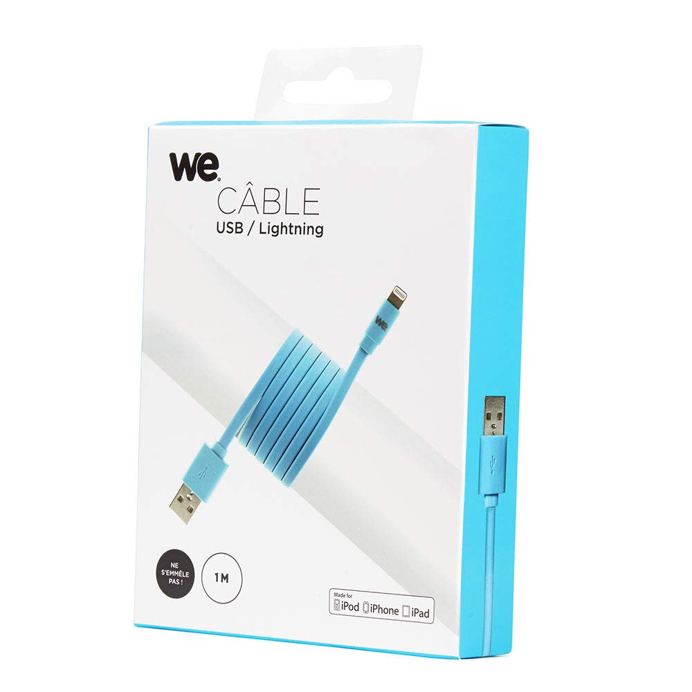 WE Cables câble USB Lightning plat 1 m bleu, gaine silicone