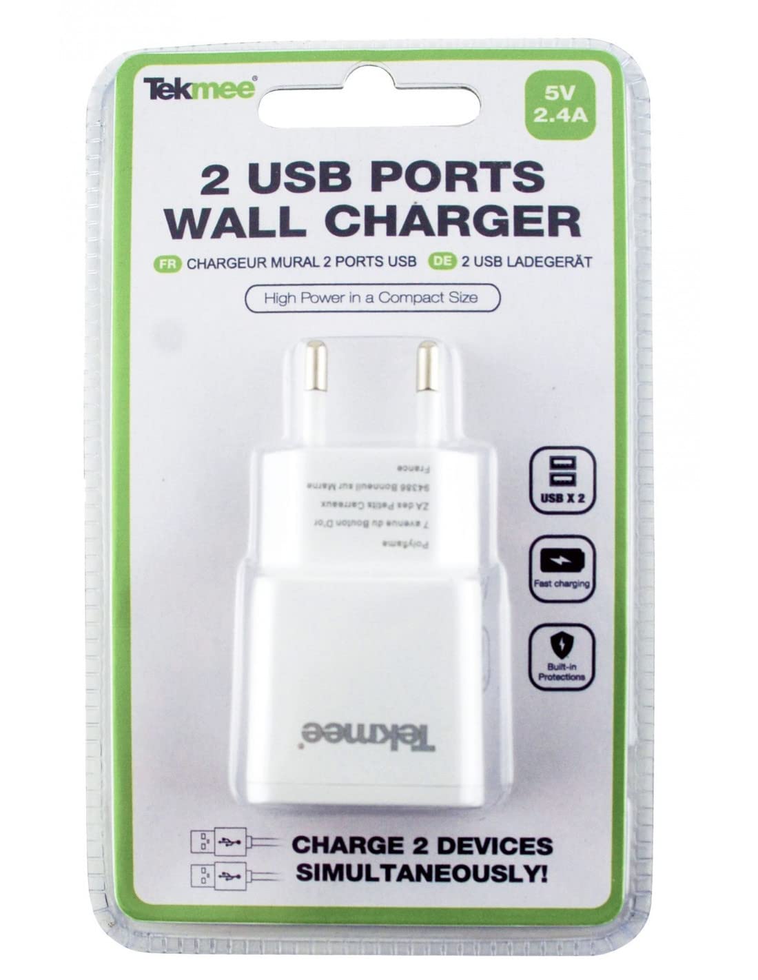 Tekmee Chargeurs muraux chargeur mural double USB 2,4 A 5 V