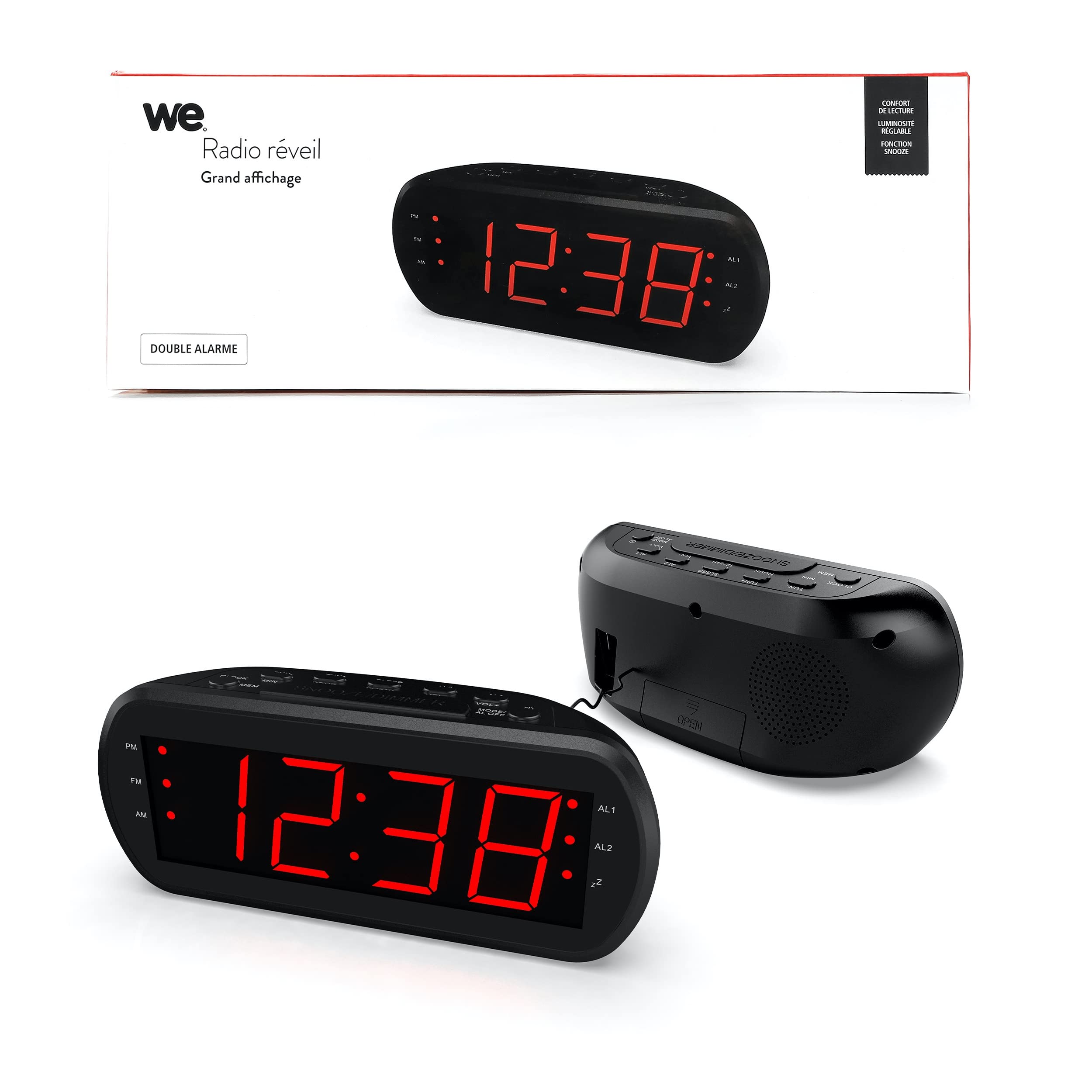 WE Audio radio-réveil FM double alarme LED rouge USB