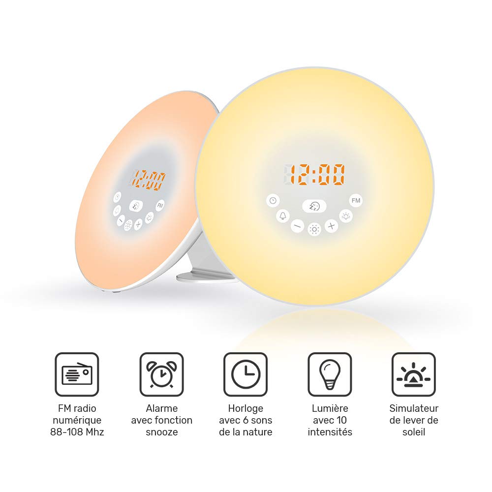 WE Audio radio-réveil lumineux LED tactile 7 couleurs avec simulateur d’aube