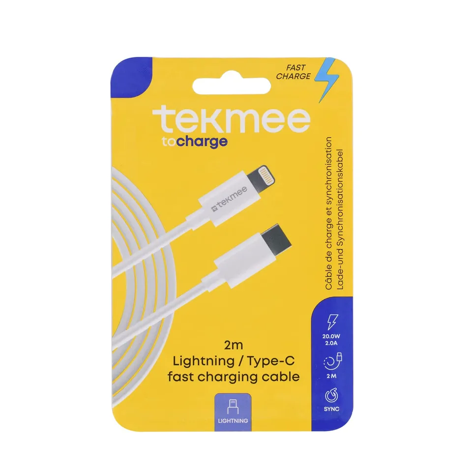 Tekmee Câbles de charge Lightning/Type-C câble 2 m, charge rapide