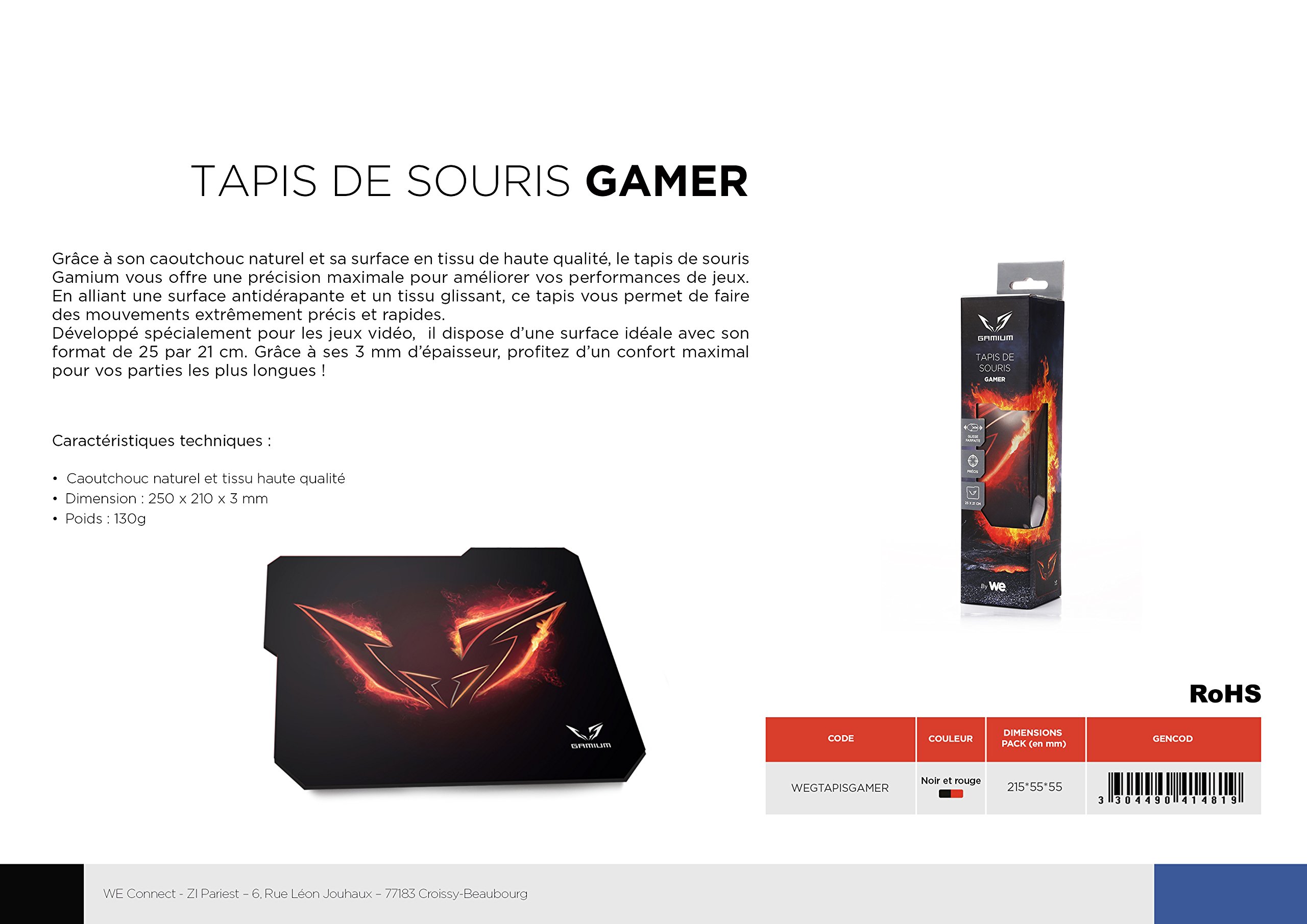 WE GAMIUM tapis de souris gaming 250 x 210 mm antidérapant