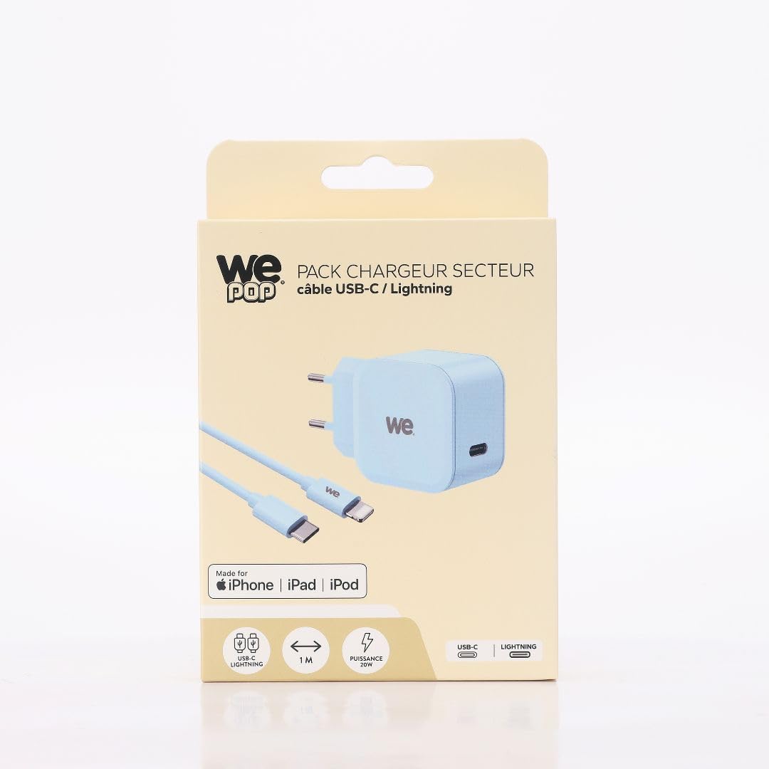 WE WE POP Pack chargeur secteur USB-C + câble USB-C/Lightning bleu 20 W