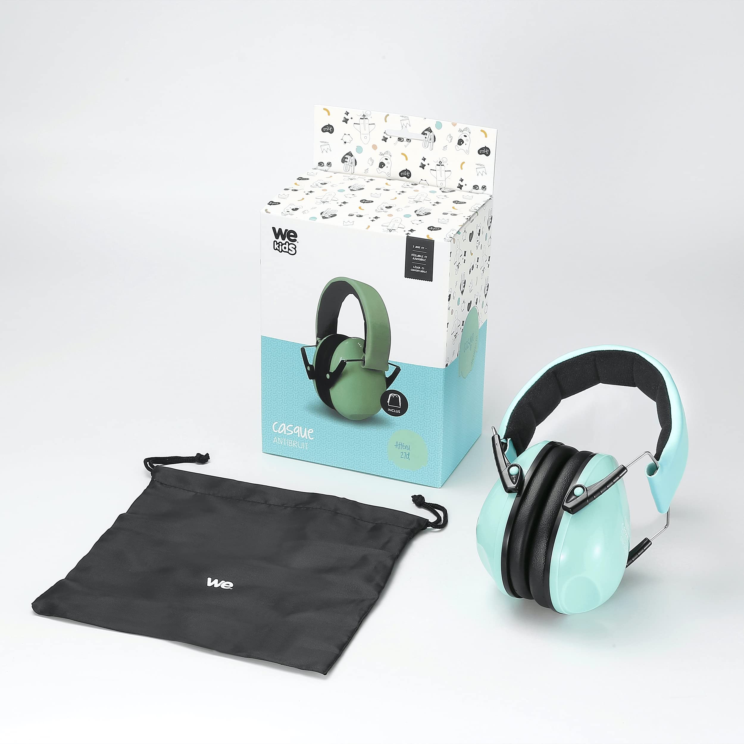 WE Audio casque anti-bruit enfant vert d’eau avec housse de transport