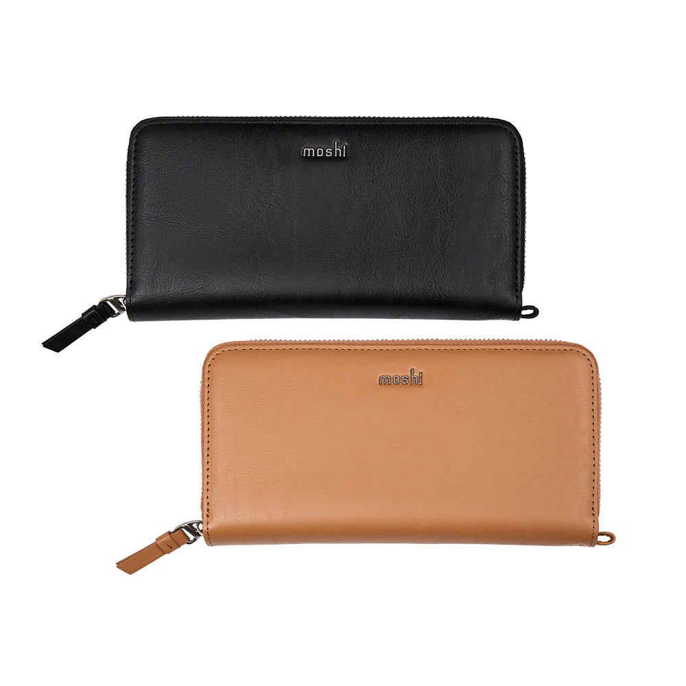 Moshi Wallets Folia Zip-Around Long Wallet portefeuille long zippé noir ardoise et caramel