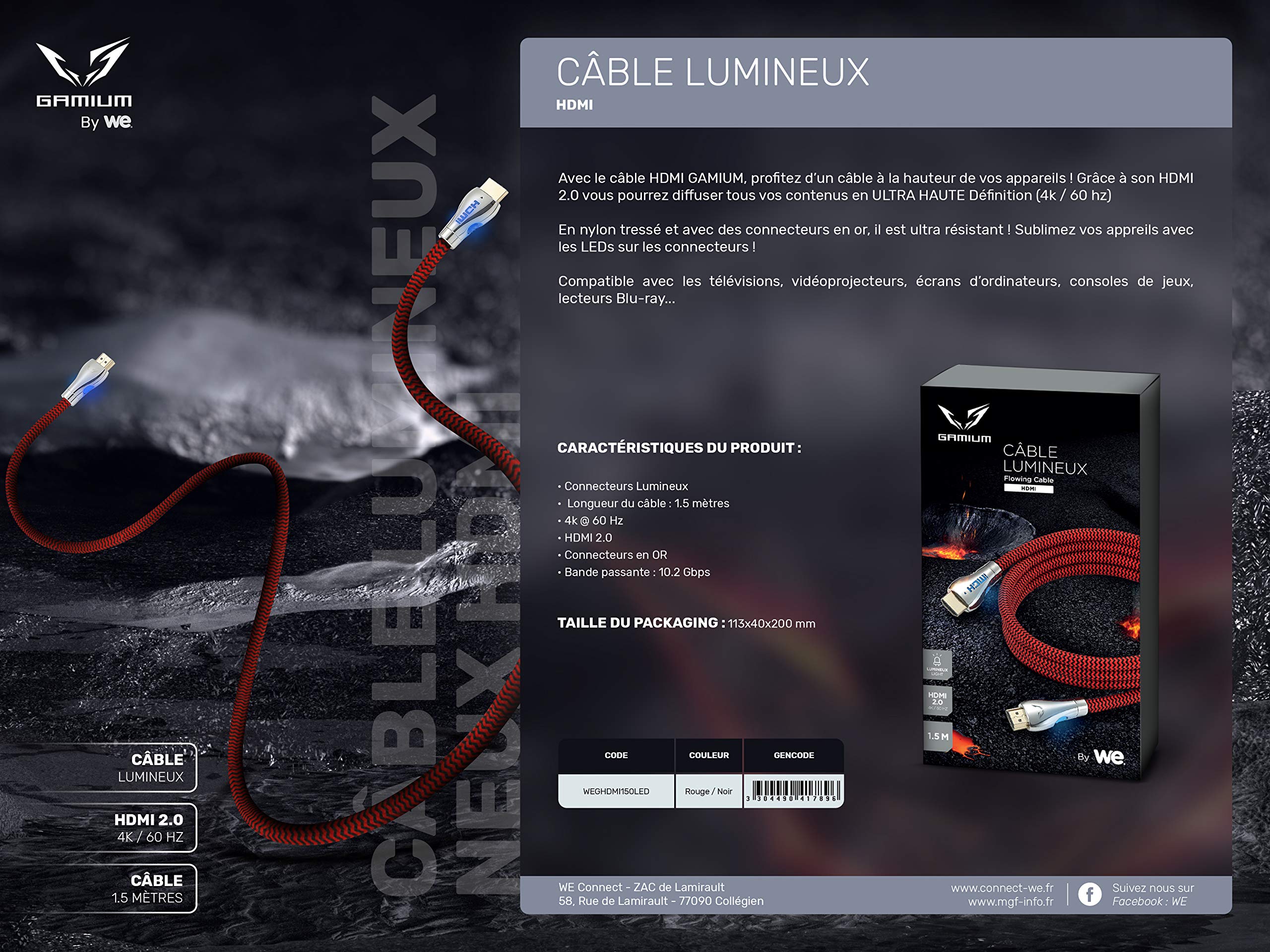 WE GAMIUM Câble HDMI 2.0 4K 1,5 m rouge lumineux tressé