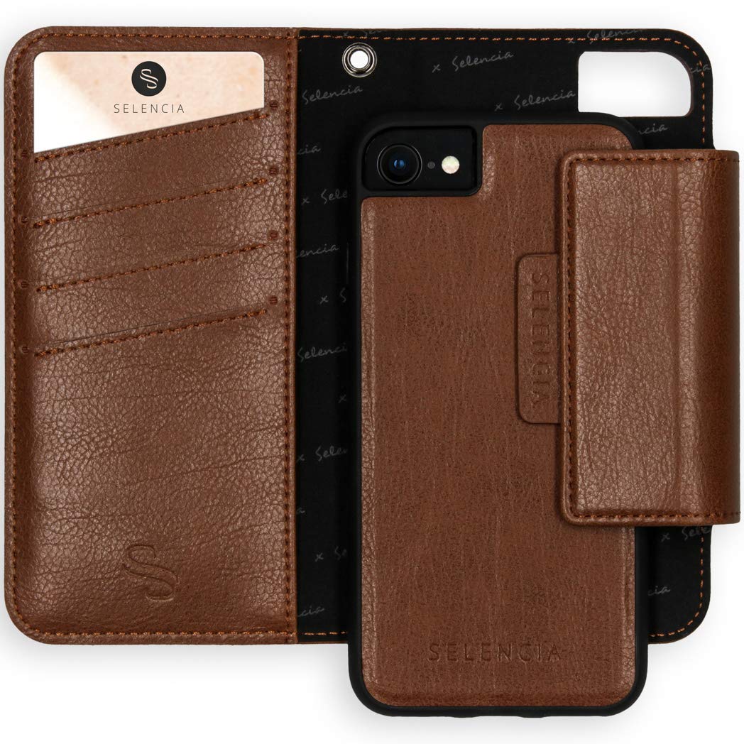 SELENCIA Étui à rabat Surya iPhone SE 2020 8 7 6 marron étui 2 en 1 4 cartes RFID