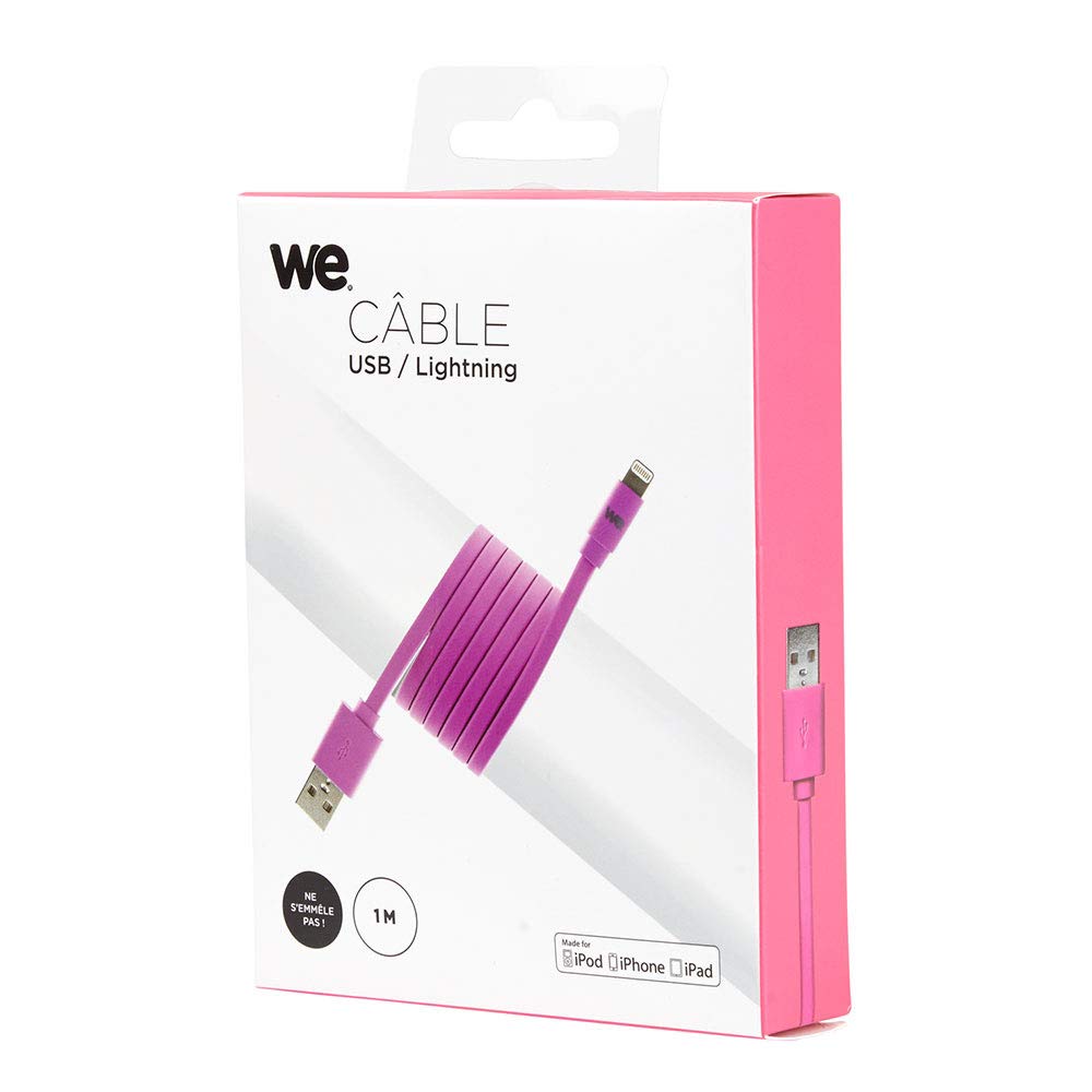 WE Cables câble USB Lightning plat 1 m fuchsia en silicone