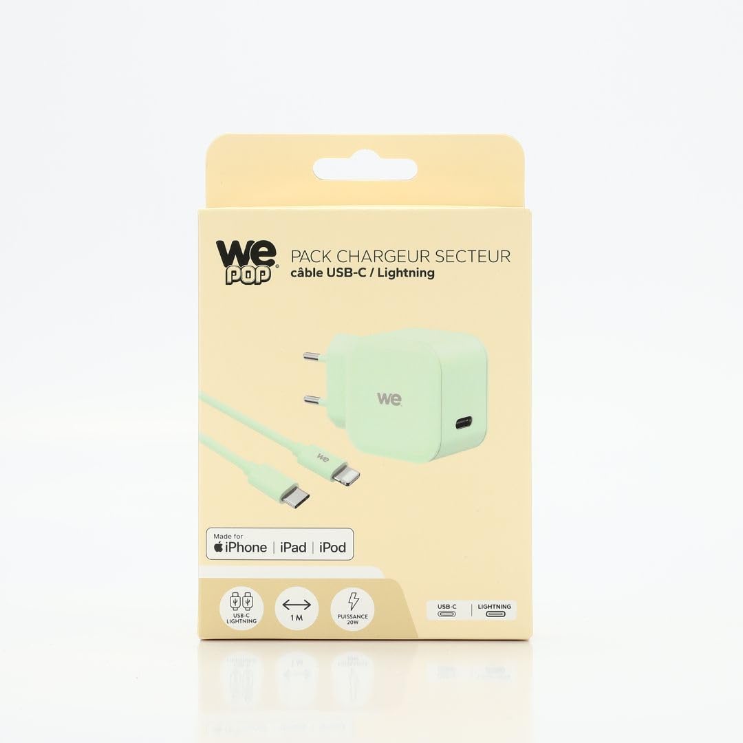 WE WE POP Pack chargeur secteur USB-C + câble USB-C/Lightning vert 20 W