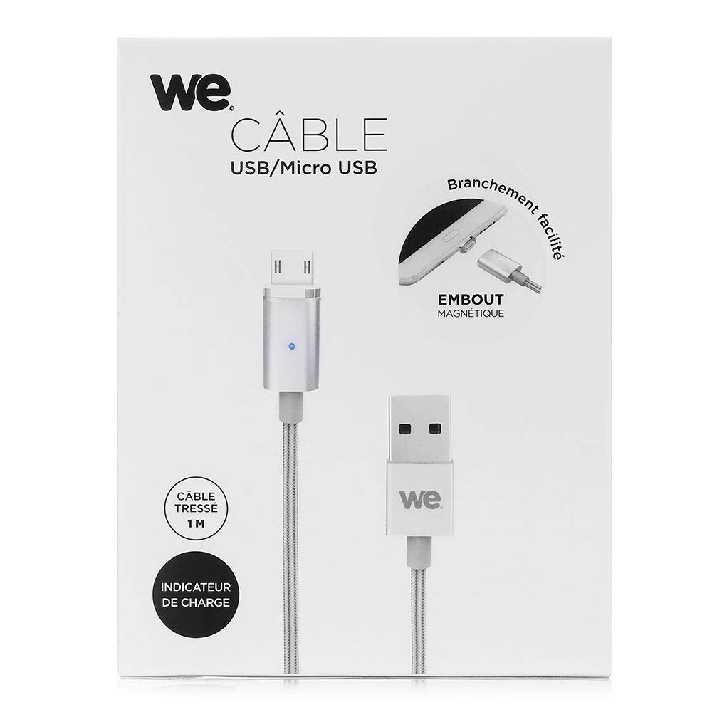 WE Cables Câble magnétique Micro USB 1 m argent nylon tressé