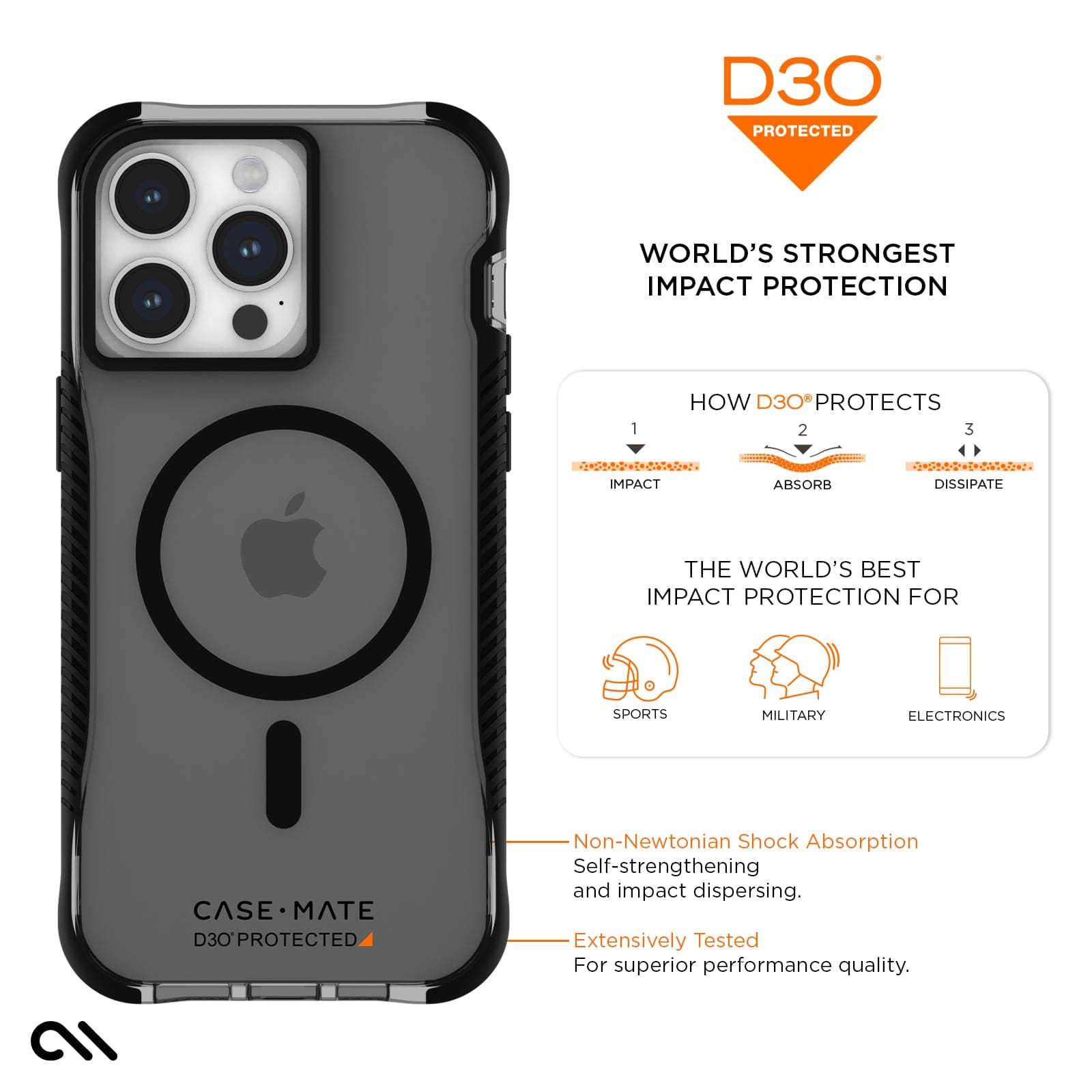 CASE-MATE Phone Cases Tough Grip D3O® Black MagSafe iPhone 15 Pro Max coque noire antichoc